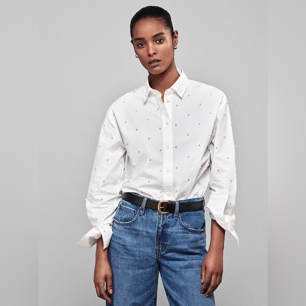 FRAME Pearl-embellished Oversized Shirt in Organic Cotton